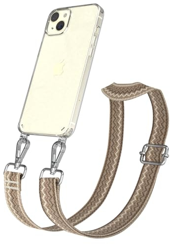 EAZY CASE Handykette - Verstellbares Taschenband kompatibel mit iPhone 15 Plus, Schulterriemen, Handykordel mit Silikon Hülle, Umhängetasche, Hell Braun Braun Silber