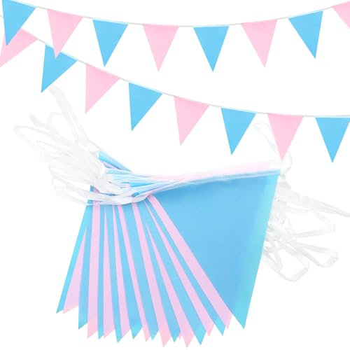 ADUQATOR Lot de 52 fanions en tissu imperméable pour décoration de fête prénatale, garçon ou fille - 20 m - Rose et bleu