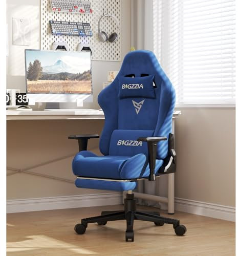 bigzzia Gaming Stuhl mit Fußstütze, Gaming Sessel aus atmungsaktivem Stoff, Gepolstert PC-Stuhl Verstellbarer und Drehbarer, Gaming Chair für Jugendliche und Erwachsene Dunkelblau, 150kg