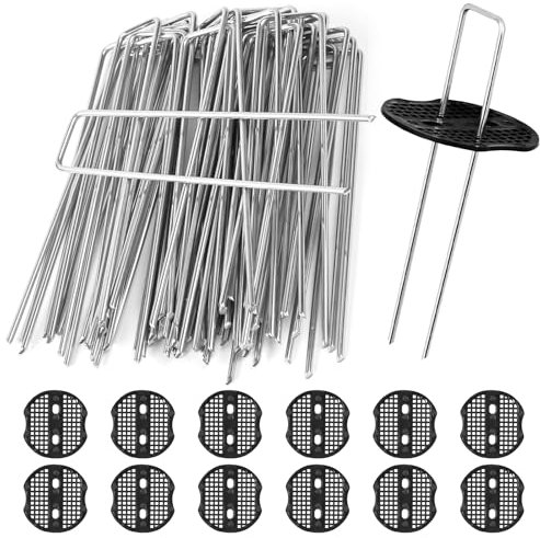 vsshe Antiruggine Picchetti Giardino, 50 Picchetti per Telo Pacciamatura, Picchetti Telo Pacciamatura con 12 Rondelle, Chiodi Metallici a U, per Il Giardinaggio, Erba Artificiale,150x30mm Ø 3 mm