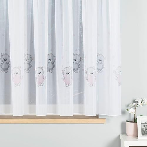 Gardinen Vorhangen Weiß/Pink Voile 200x155 cm (BxH) Teddy Kinder Gardine Aus Voile Mit Rosa Herzen Und Bärchen Auf Kräuselband 1:2 Süßes Design Kinderzimmer