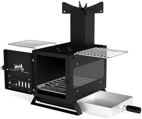 GOPLUS Mini-poêle à Bois Compact de Table, Poêle à Bois Portable, Brûleur Chauffant avec Grille, Rechaud Bois en Acier Inoxydable et 2 Grilles, Brûleur Extérieur avec Fenêtre en Verre pour Camping