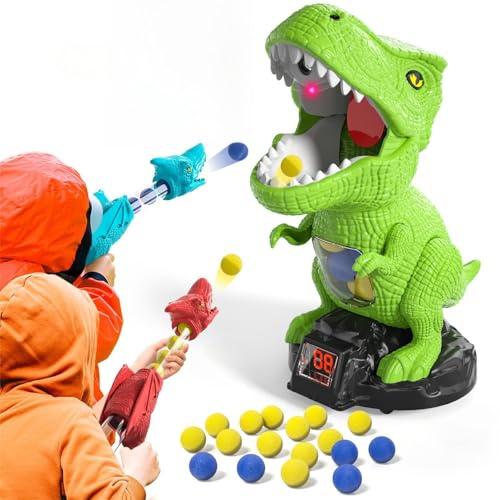 BLmukce Bewegliches Dino-Zielscheibe Set, Schießspielzeug für Kinder, Dinosaurier Spielzeug, Outdoor Spiele Kinderspielzeug, Geschenk Junge 4 5 6 7 Jahren, 2 Popper-Pistolen, 48 Schaumbälle