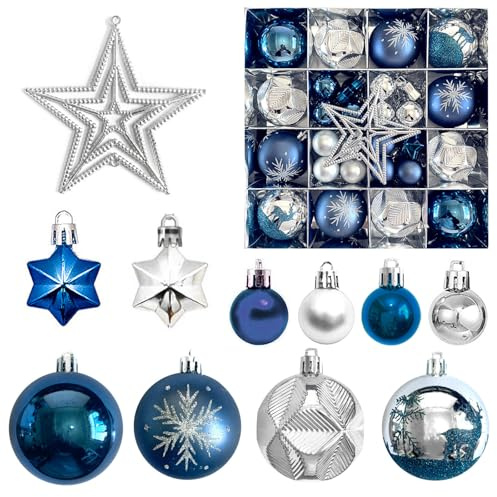 Weihnachtskugeln, 45 Stücke Weihnachtskugeln Kunststoff Set mit Baumspitze SternWeihnachtsschmuck Deko für Drinnen & Draußen aus Kunststoff (Blau)