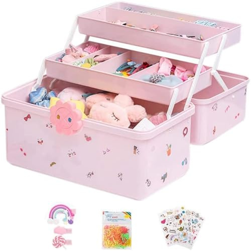 dowuiii Aufbewahrungsbox Für Haarschmuck Kinder, Rosa Haarschmuck Schmuckkästchen, 3 Lagige Schmuckschatulle Kinder Für Haargummis Haarbänder Clips