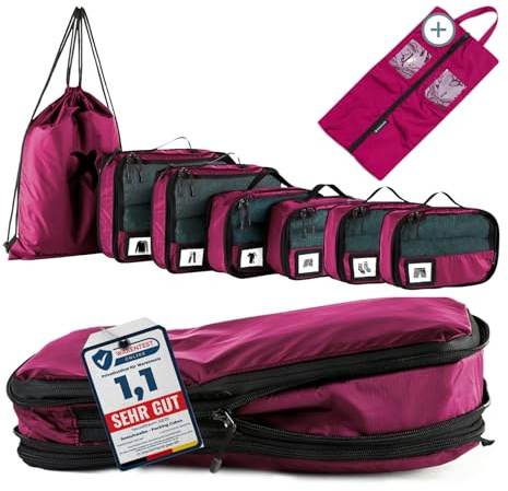 Packwürfel für Koffer, 8 Stück, Reise-Organizer, Packtaschen, Reisezubehör, inkl. Schuhtasche für Reisen, Aufbewahrungstasche, Gepäck-Organizer für die Reisetasche (himbeer)