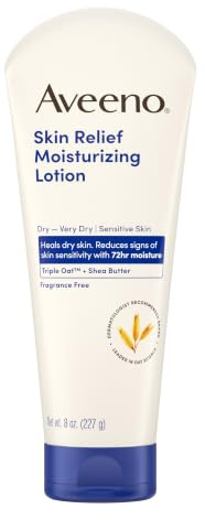 Aveeno Skin Relief Moisturizing Lotion for Sensitive Skin with Natural Shea Butter & Triple Oat Complex, Unscented Therapeutic Lotion for Extra Dry, Itchy Skin, 8 fl. oz | Triple Oat & Shea Butter Formula, Fast-Absorbing, Non-Comedogenic, Very Dry Sensitive Skin