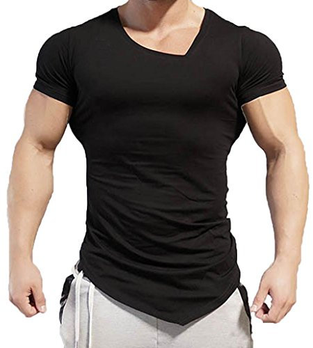 Kanpola Sport T-Shirt Herren Unregelmäßige Polyester Kurzarm Hedging Slim Fit Bluse für Jogging Yoga Männer Tops (XL/52, Schwarz)