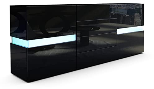 Vladon Sideboard Flow, Made in Germany, Schwarz Hochglanz/Schwarz Hochglanz inkl. LED - Moderne Kommode mit Ambient Light Verglasung für Ihr Wohnbereich (177 x 75 x 39 cm)