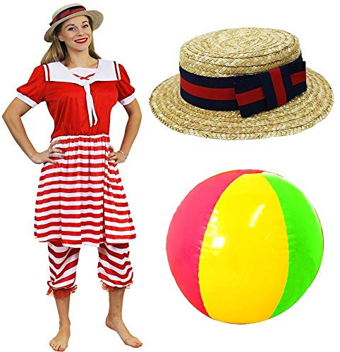 LADIES VICTORIAN SWIMSUIT FANCY DRESS COSTUME - 1920S FANCY DRESS WOMENS VICTORIAN BATHER COSTUME PLUS STRAW BOATER HAT AND BEACH BALL SUMMER FANCY DRESS COSTUME (UK 8-10)