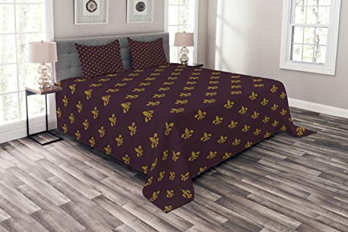 ABAKUHAUS Fleur De Lis Tagesdecke Set, Königliche Muster, Set mit Kissenbezügen Sommerdecke, für Doppelbetten 264 x 220 cm, Burgunder Erde gelb