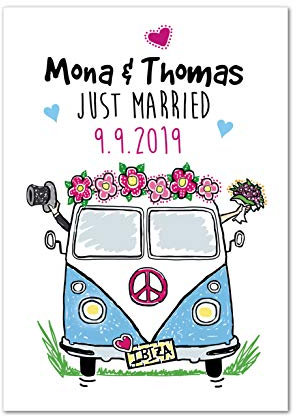 Poster, Kunstdruck, Bild, Traumpaar, VW Bulli, Ibiza, Hippie, Love, Liebe, Gastgeschenk, Hochzeit Geschenkidee: Just married PERSONALISIERT, ungerahmt