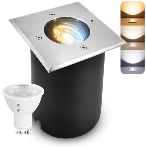 SSC-LUXon JUAVI Bodeneinbaustrahler eckig IP67 6W dimmbar 3 Lichtfarben | Dimmbarer Bodenspot eckig IP67 für Terrasse, Garten & Wege - warm / neutral / kalt, schwenkbar, befahrbar, Edelstahl