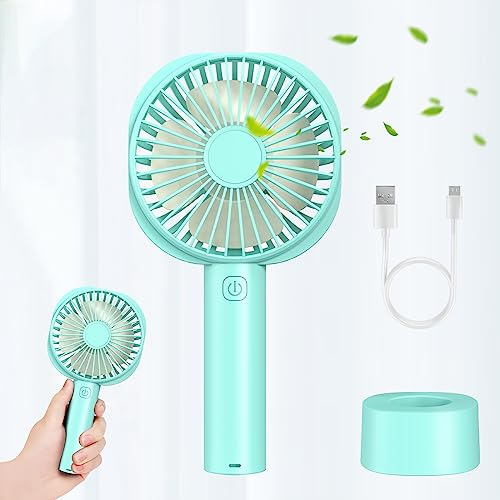 Jumkeet Mini Handheld Portable Fan with USB Rechargeable Battery 2600 mAh, Personal Desk Electric Cooling Fan 3 Speeds with Base, Fit for Home Sport Travel Office Room Table Outdoor School (Blue)