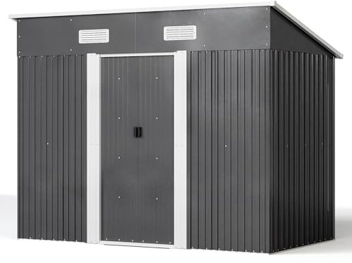 The Fellie 4x8 FT Outdoor Storage Shed with Base, Lockable Garden Storage Shed with Sliding Door, Metal Galvanized Steel Pent Tool Shed for Patio, Backyard, Black (L238x W131x H181cm)