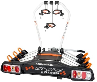 AUTOBIKE Porte-vélos Challenger pour 3 vélos - Attelage à Boule de remorquage avec Levier et verrou de sécurité - Châssis en Acier/Aluminium - Supporte 15 kg par Rail - Tous Types de vélos