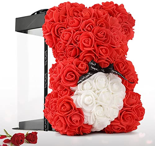 Rose Bear Rose Teddy Bear -10 inch Artificial Rose Flower Bear, gift for her, gift for women, unique gifts, Including Transparent Gift Box (red, 10in)