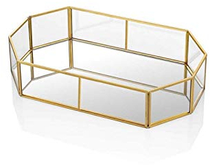 HARLIANGXY Bandeja de Espejo – Organizador de Joyas de Maquillaje – Bandeja de Perfume Vintage Dorada – Bandeja de Metal Poligonal – Bandeja de Vidrio – Bandeja de decoración – 20 x 14 x 4 cm