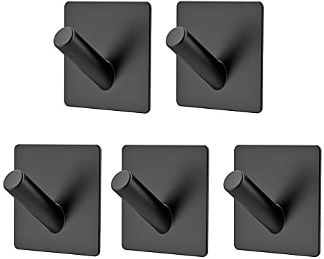 homeasy 5 Pack Self Adhesive Wall Hook Stainless Steel Coat Hook Brushed Stainless Steel Bathroom and Kitchen Towel Rack No Drilling Black (Y-Shaped)
