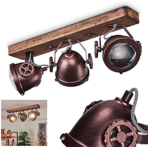 Deckenleuchte Herford, 3-flammige Zimmerlampe in Metall und Holz in Braun und Rost mit Glasschirm, Spots sind dreh- und schwenkbar, 3 x GU10, ohne Leuchtmittel