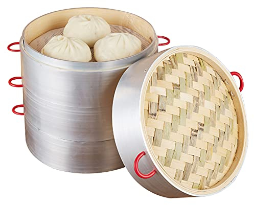 Dampfgarer Bambus, 3 Etagen Bambusdämpfer mit Deckel und Verbrühschutzgriff und Kanten aus Aluminiumlegierung, Bambus Dampfkorb Dämpfaufsatz für Reis, Dim Sum, Gemüse, Fleisch,26cm