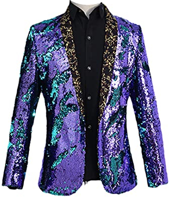 UJDKCF Modewechsel Gold Silber Pailletten Blazer Jacke Männer Performance Kostüm Purple Blue XXL