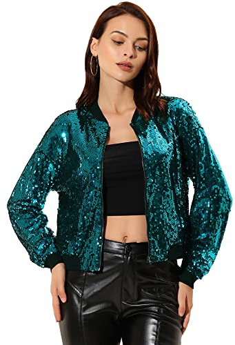 Allegra K Damen Glitzer Jacke Bomberjacke Pailletten Bomber Jacke Langarm Party Club Metallic Sequin Jacken Dunkelgrün S