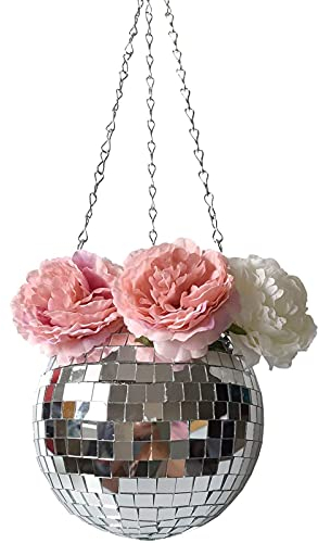 Boho Style Hanging Flower Pot Mirror Disco Ball Hanging Planter Mirror Hemisphere Pot Mirror Hanging Planter Flower Pot Ball Shape Modern Hanging Planter with Hooks and Chains for Home Decor
