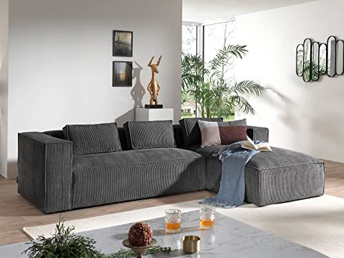Lisa Design - Ecksofa Stella, L-Form 4-Sitzer Couch aus Samt mit Ottomane rechts - Dunkelgrau