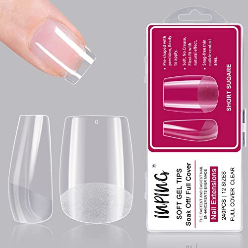 INPING Short Nail Tips, 240PCS Short Square Clear Soft Nail Tips Half Full Cover Extensions Break Resistant Pre-Shaped Acrylic False Nails for Women Home DIY French Manicure Kit, 12 SIZES