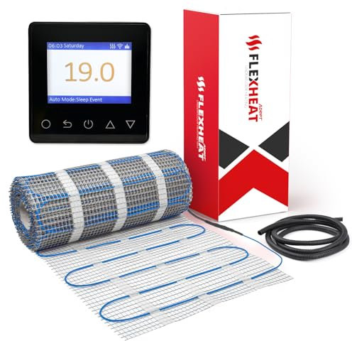 Adept Premium Electric Underfloor Heating Mat Kit 200W per m² with Self Adhesive Backing for Under Tile or Stone Floors - 18m2 Kit - Black WiFi Deluxe Thermostat