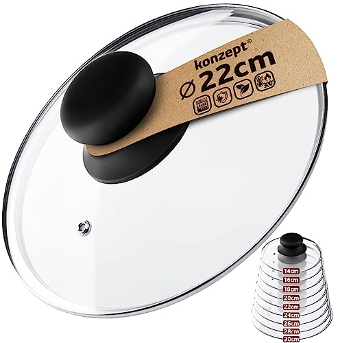 Couvercle pour casserole et poêle en verre transparent résistant, Tailles variées 14-30cm, Poignée, Trou vapeur, Va au lave-vaisselle (22 cm)