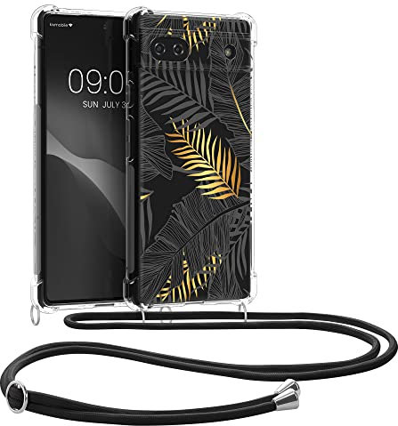 kwmobile Necklace Case kompatibel mit Google Pixel 6a Hülle - Silikon Cover mit Handykette - Gelb Grau Transparent Dschungel