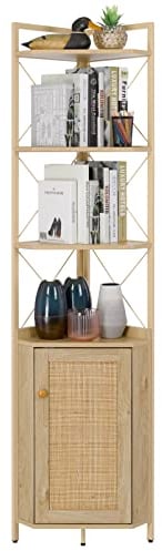 Finnhomy Eckregal mit Schrank, 180 cm, Mehrzweck-Eckschrank mit Rattan-verzierten Türen, Eckregale für Wohnzimmer, Küche, Bad, Natur