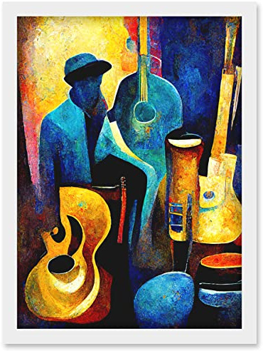 Doppelganger33 LTD Abstract Oil Painting Jazz Blues Musician With Instruments Artwork Framed Wall Art Print A4