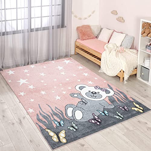 carpet city Teppich Kinderzimmer Teddy-Bär - Rosa, Grau - 120x160 cm - Kinderteppich Kurzflor mit Sternen, Schmetterlingen - Weicher Flor