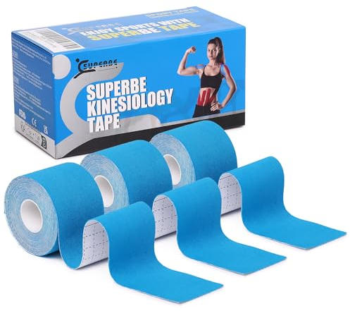 Superbe Kinesio-Tape und Physio-Tape (Packung mit 3 Rollen), kinesiologisches Tape für Leichtathletik, zur Schmerzlinderung, Genesung und Physiotherapie, 5 cm x 5 m (blau)
