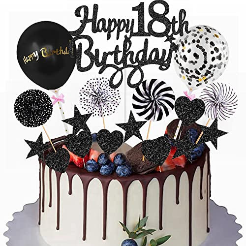 Yunchu Online Happy 18th Birthday Tortendeko Schwarz für Junge Mädchen - Kuchen Topper 18 Jahre - Kuchendeko Cupcake Toppers