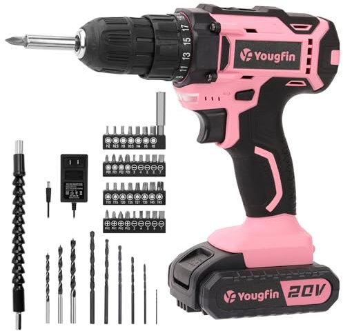 Yougfin Cordless Drill Set, 20V Power Drill Driver With Battery & Charger, 3/8'' Keyless Chuck, Variable Speed, 25+1 Torque Setting, Pink & Black