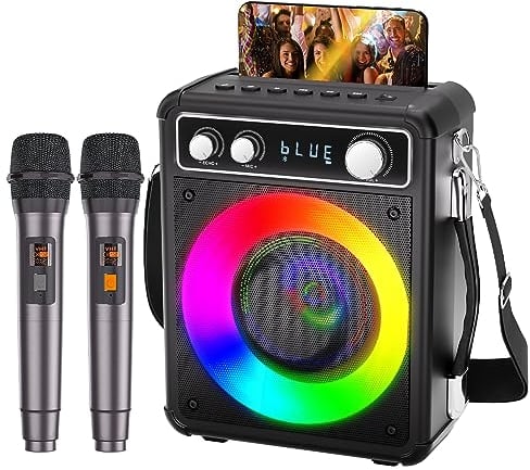 BONAOK Karaoke Profesional Inalámbricos con 2 Micrófonos, Máquina de Karaoke con luz Altavoces Bluetooth Sistema PA Soporte FM/USB/TF Card/Rec/AUX para la Fiesta al Aire Libre/Interior