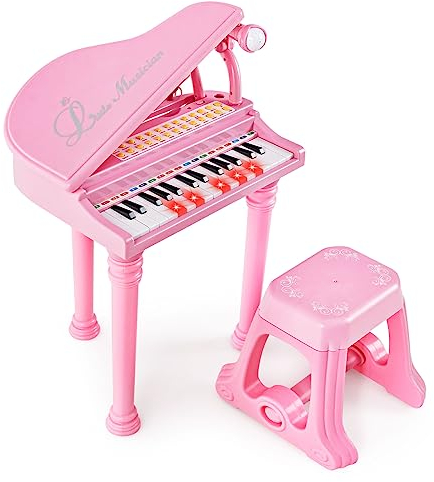 COSTWAY Tastiera Pianoforte a 31 Tasti per Bambini con Microfono e Sgabello, Tasti Giocattolo Portatile con Modalità di Insegnamento a LED, Pianoforte a Coda per Bambini 3+ Anni (Rosa)