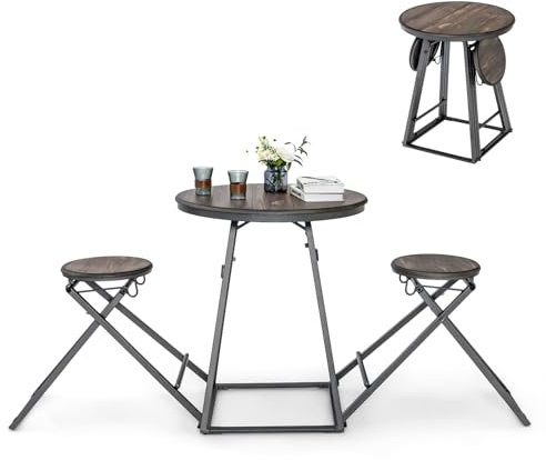 COSTWAY Bartisch mit Barhocker Set, 2 Personen Bartisch Set klappbar, Küchentheke Holz mit Metallrahmen, für Wohnzimmer, Esszimmer und Küche