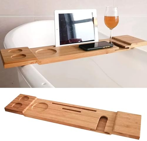 Badewannenablage Anti-Rutsch-Badewanne Tischtisch Bambus, Badezimmer Badewanne Caddy mit Nicht Skid -Matte, Bad Organizer Rack Kann Tabletten/Telefon/Hohes Weinglas Aufbewahren