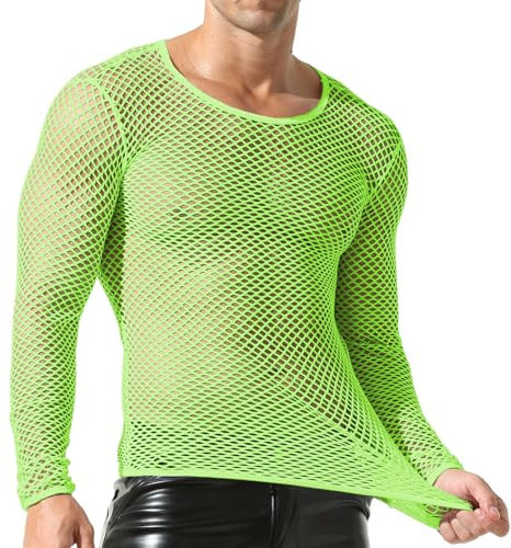 QiaTi Men's See Through T-Shirts Mesh Tops Fishnet Shirt Round Neck Undershirts Long Sleeve Green