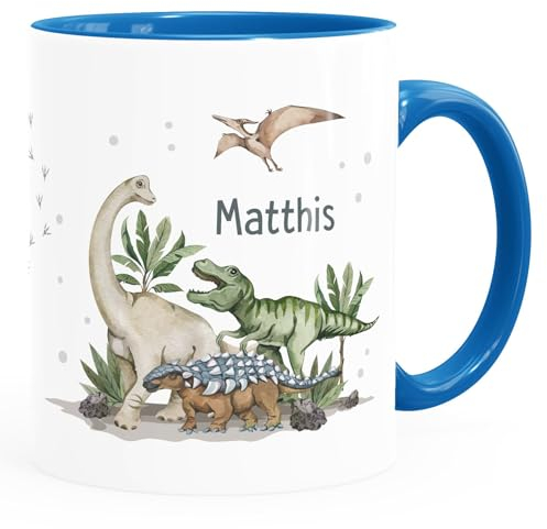SpecialMe® Kindertasse Dino mit Namen personalisiert Dinosaurier T-Rex Tasse aus Keramik für Kinder Jungen Mädchen weiß-innen-blau standard