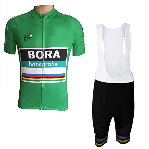 SGCIKER Pro Team BORA France Tour Leader Green Radtrikot Set, Kurzarm Fahrrad bekleidung Lätzchen Kurzsets Gel Pad(L