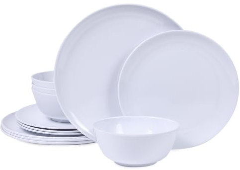 Lechoo Juego de vajilla de melamina blanca, juego de 12 platos y cuencos, servicio de platos redondos de plástico para 4, juego de platos para cena al aire libre, ligero