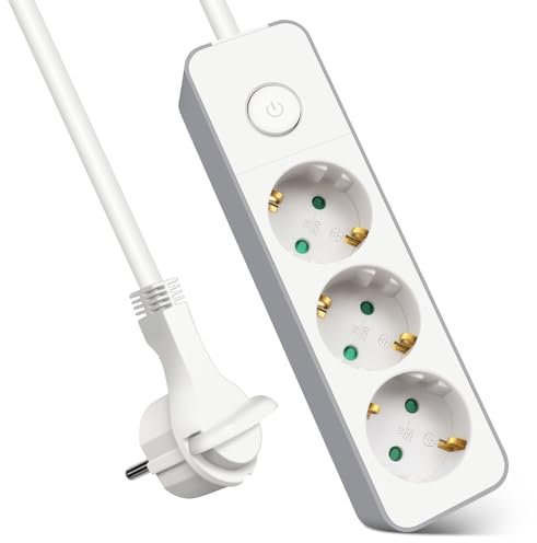 EXTRASTAR Regleta Enchufe con 3 Tomas, Alargador Enchufe con Interruptor, 5 m, para El Hogar, La Oficina y Los Viajes, 3680W, 3G*1.5mm², Blanco, 1pc