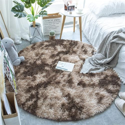 Ueiwffzo Runder Teppich Wohnzimmer Waschbare Teppiche, Weicher Flauschiger Kunstfell Teppich, Plüsch Teppiche für Schlafzimmer Balkon Wohnzimmer Deko (Dunkel Curry,Durchmesser 140 cm)