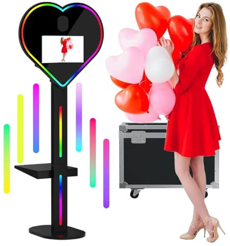 DSLR Mirror Photo Booth, Camera Photobooth Heart Shape Magic Mirror Photo Booth Machine with15.6 Inch Touch Screen for Wedding Parties Events Rental, with Flight Case,Black